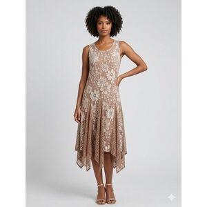 Woman's Floral Lace Overlay Handkerchief Hem Midi Dress